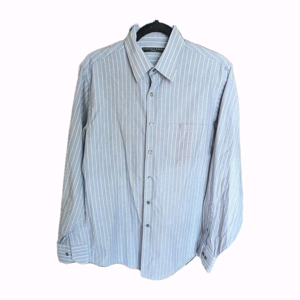 Geoffrey Beene Fitted Wrinkle Free Long Sleeve Gray Striped Mens Button Up 15.5